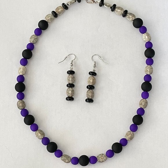 Necklace and Pierced Earring Set Purple Neon Czech Black Beads Aztec Sil… - Picture 2 of 4